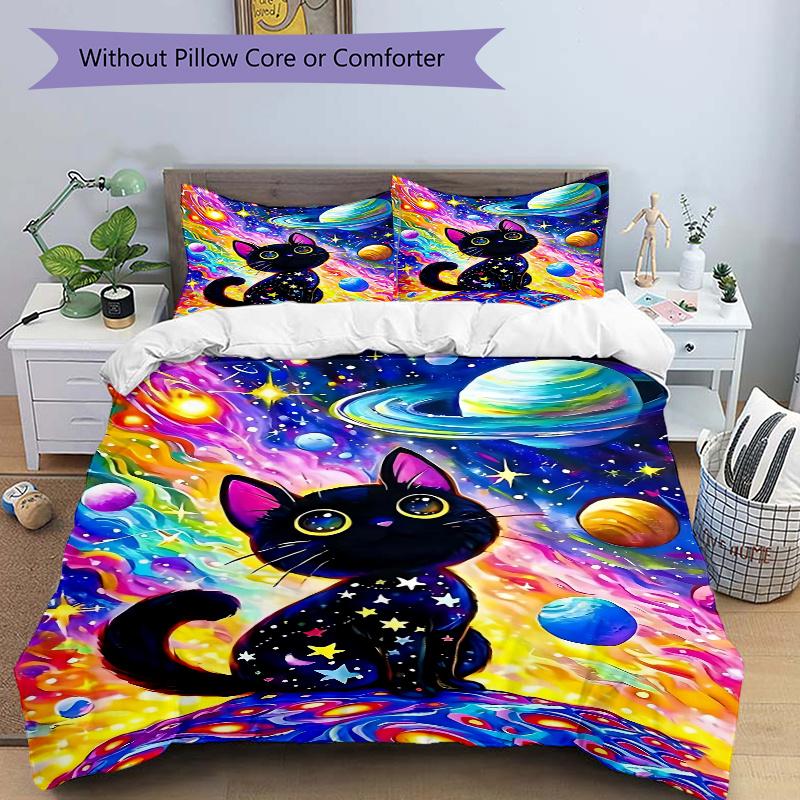 

3pcs Cosmic Cats Art Printed Quilt Set - Soft and Comfortable Quilt Cover for Bedroom, Guest Room and Dormitory Decorative Bedding Set N022 135x200cm
