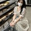 Summer New Square Neck Short Sleeve Waist Skinny Bubble Sleeve Skirt Floral French Dress Women's Clothing