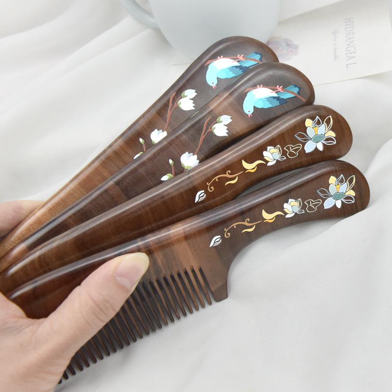 Mandarin Ducks Hand-Painted Peach Wood Hair Comb for Daily Use
