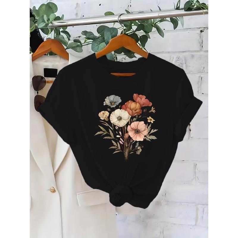 European Size Women'S Floral Print Short Sleeve T-Shirt - Lightweight Summer Top with Vibrant Flower Design, Crew Neck, Casual Vacation Style