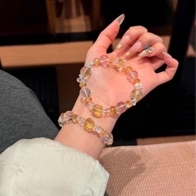 Honey Crushed Ice Natural White Crystal Lemon Yellow Beaded Bracelet Light Luxury Style Womens Hand Jewelry