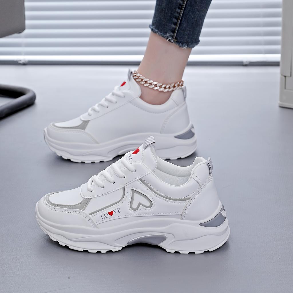 Women's Breathable Mesh & Synthetic Low-Top Sneakers | 2025 White & Black Casual Running Shoes with Red Heart Accent, Round Toe Design, TPU Sole