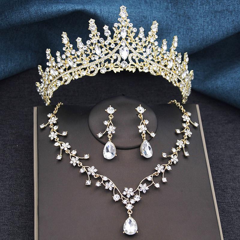 3Pcs Sets Princess Crown Bridal Jewelry Sets for Women Tiaras and Choker Necklace Earrings Wedding Dress Bride Jewelry Set