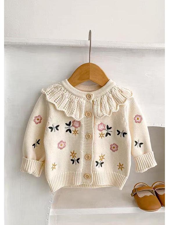 Baby Mädchen gestrickter Woll-Jumpsuit mit Stickerei und Umlegekragen - Frühlings-/Herbststil