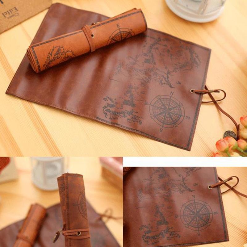 Leather Roll-Up Pouch W/ Embossed Buckle Vintage Treasure Map Pencil Case Large Capacity School Office Organizer