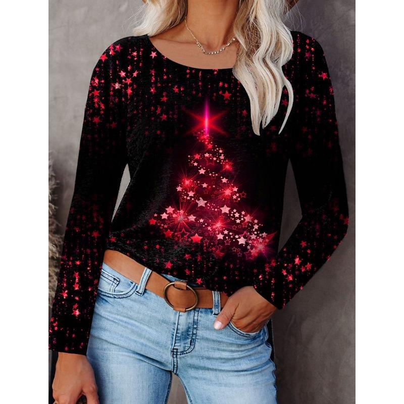 2023 Fashion Women's Pullover Christmas Blue Star Graphic Casual Sports O-Neck Long Sleeve Tops Micro-Elastic Fall & Winter