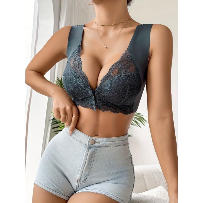 Simple Solid Contrast Lace Front Buckle Bra, Comfy & Breathable Wireless Push Up Bra, Women's Lingerie & Underwear