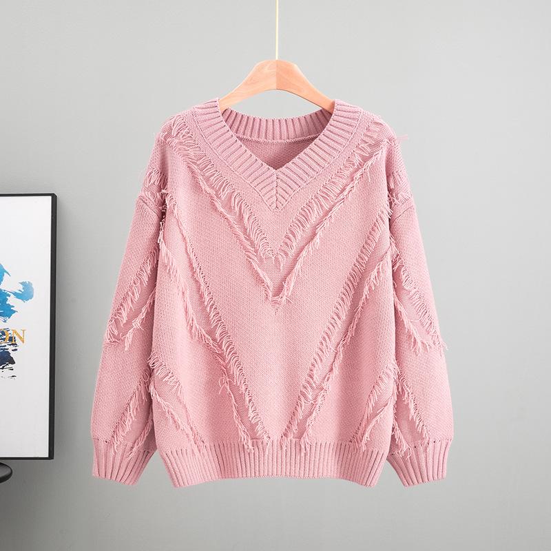 Loose Knitted V-neck Lazy Fringed Sweater Women's 2025 Autumn New Fashion Foreign Style Inner Top