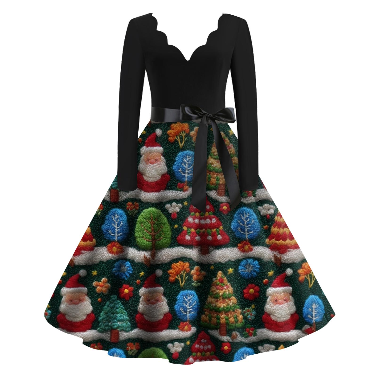

Women s Casual Fashion Christmas Holiday Print V-neck Vintage Dress L