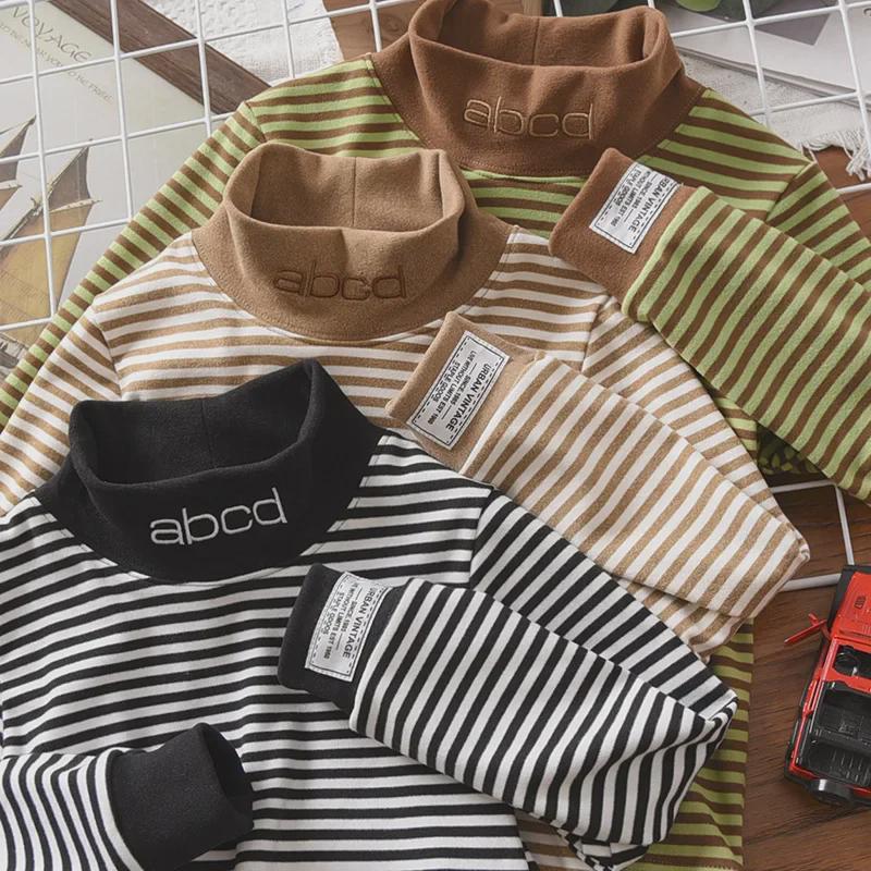 2023 Boys' Half Turtleneck Striped Tops: Warm and Stylish Autumn/Winter Shirts for Kids