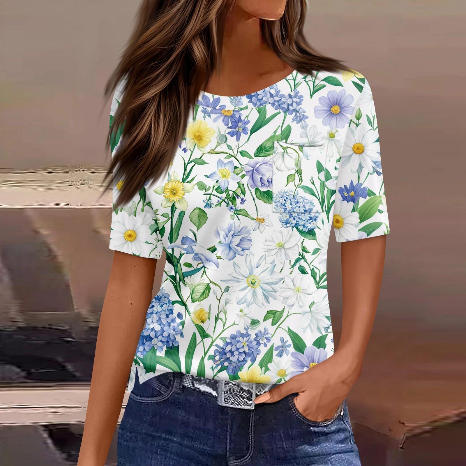 

Футболки для женщин с круглым вырезом, нарядные повседневные блузки с принтом, короткие рукава, летние топы свободного кроя M