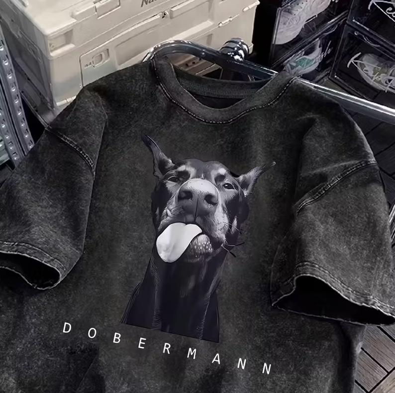 

Ladies Retro Washed Tshirt with Cute Doberman Pattern Printed Soft Round Neck Short Sleeved Top S