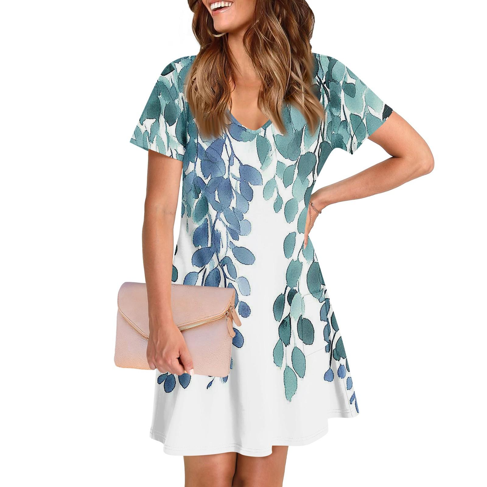 

Женское повседневное и модное платье средней длины с V-образным вырезом и коротким рукавом с принтом XL