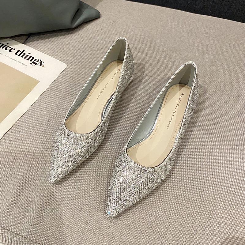Crystal Shoes Sequins Low Heels Women's Pointed Flat Bottom Celebrity Silver Maternity Bride Wedding Shoes