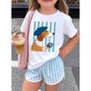 T-shirt de Manga Curta com Estampa de Dachshund, Boina e Café para Meninas - Tamanhos Europeus
