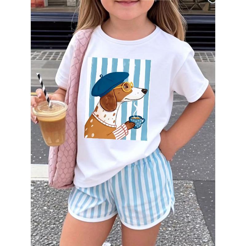 Европейские размеры Такса, Берет и Футболка с коротким рукавом с принтом Кофе для девочек 98cm белый