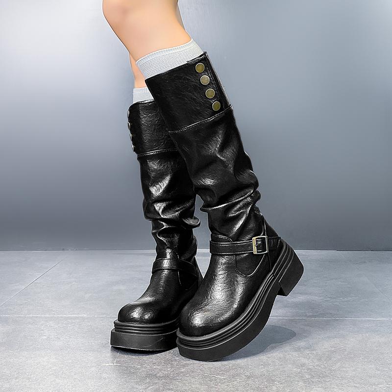 Studded Block Heel Cotton Boots Autumn New Round Toe Metal Belt Buckle Platform Anti-Slip Wear-Resistant Mid-Tube Boots