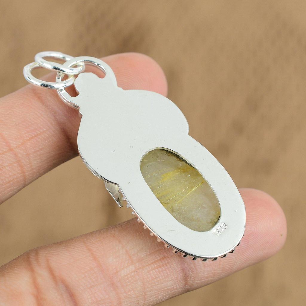 Oval Gyllene Rutil Ädelsten Hustru Jubileum Bröllop Hänge 925 Sterling Silver