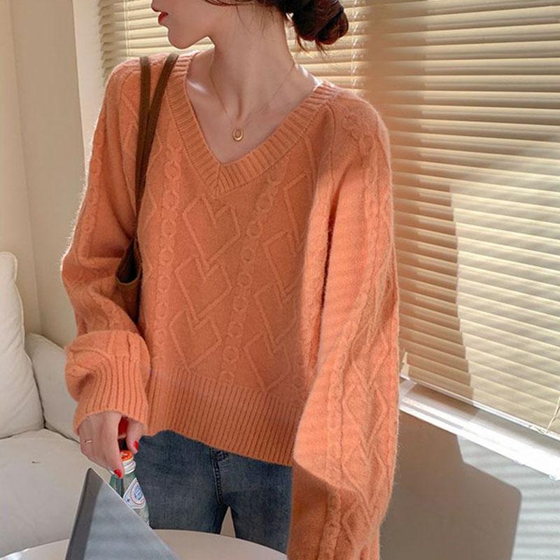 Knitted Heart Pattern Women Sweater Sweet Loose Short Pull Pullover Simple Casual Style V-neck Long Sleeve Top Korean Fashion