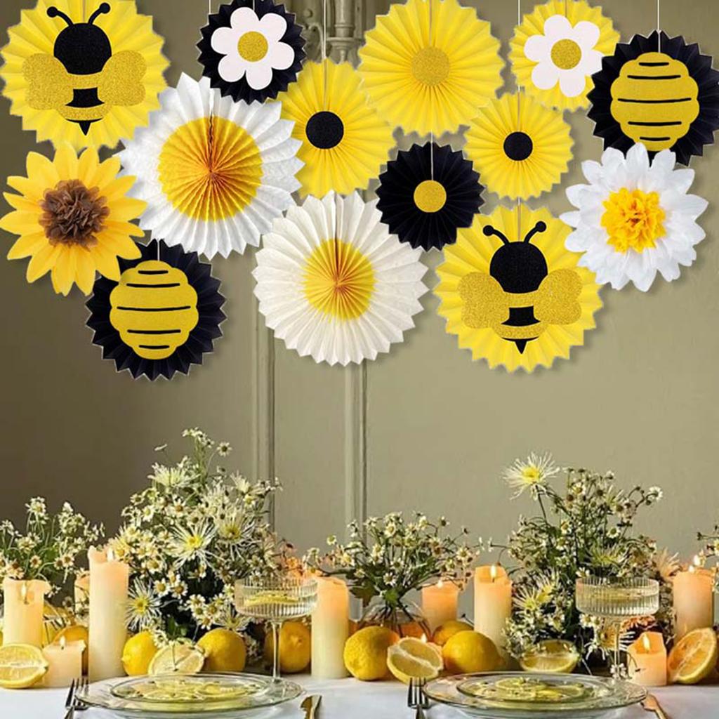 14Pieces Biodegradable Sunflower Bees Paper Fan Decorations Functional Party Backdrops for Indoor Outdoors Use
