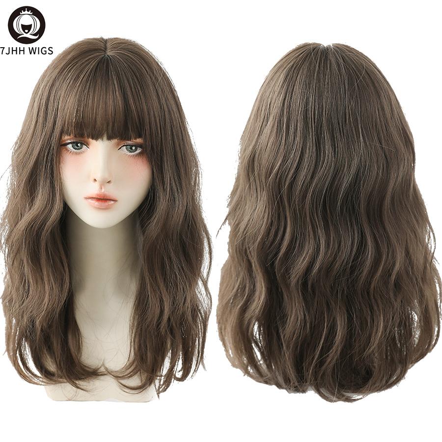 7jhh Wigs Blue Deep Wave Wig With Bangs For Women Long Omber Brown Hair Layered Heat Resistant Cosplay Party Synthetic Wig