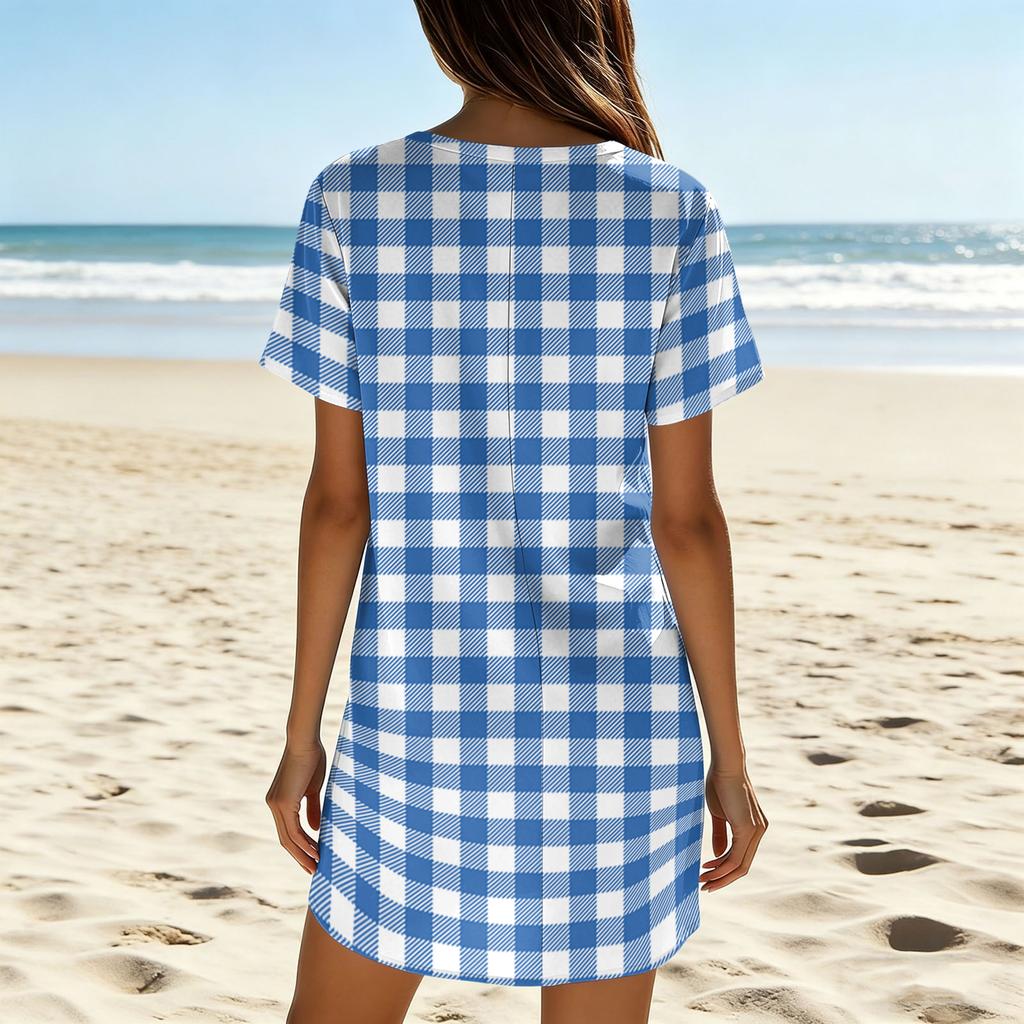 Women's Summer Casual V Neck Short Sleeve Vintage Plaid Print Loose Fit Mini Dress for Daily Wear Beach Vacation