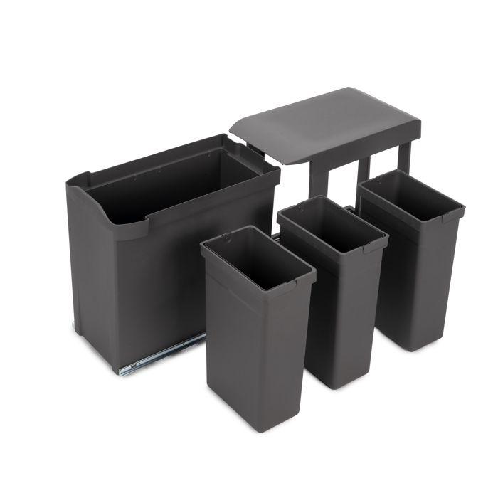 Emuca poubelles de recyclage pour la cuisine, 3 x 10l, fixation inférieure et extraction automatique, acier et plastique, gris
