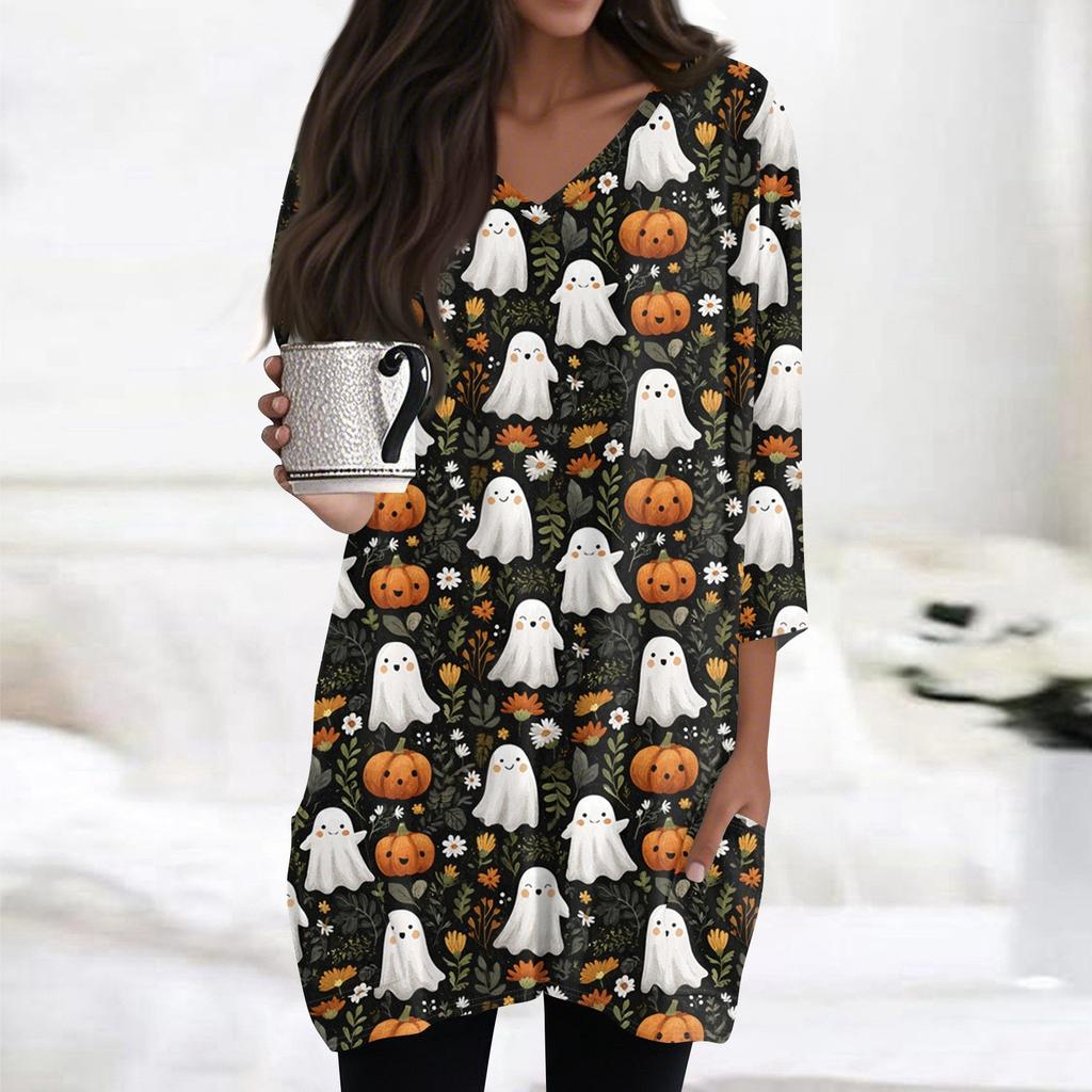 Womens's Fashion Casual Halloween Print V-neck Mid Length Pocket 3/4 Sleeve Top