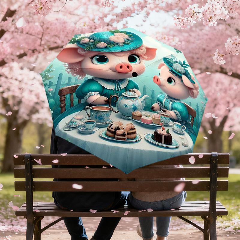 1PC Tea Party Pig Umbrella-8-Rib Reinforced, Automatic Open, Lightweight & Durable, Cute Fashion Accessory for Outdoor-T371