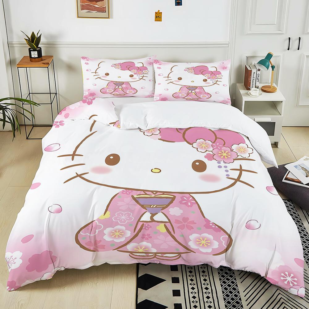Cute Sanrio Friends Print Bedding Sets Hello Kitty Melody Cinnamoroll Bed Cover Duvet Cover Pillow Case 2-3 Pieces Sets