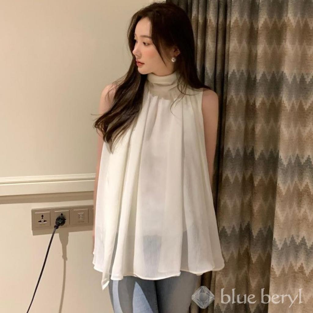Chiffon Blouse for Gathered Stand Back White [blue beryl] [Blue Beryl] Women, Blouse, Sleeveless, Collar, Ribbon, Lined, Elegant, Cute, BB078-WH-M
