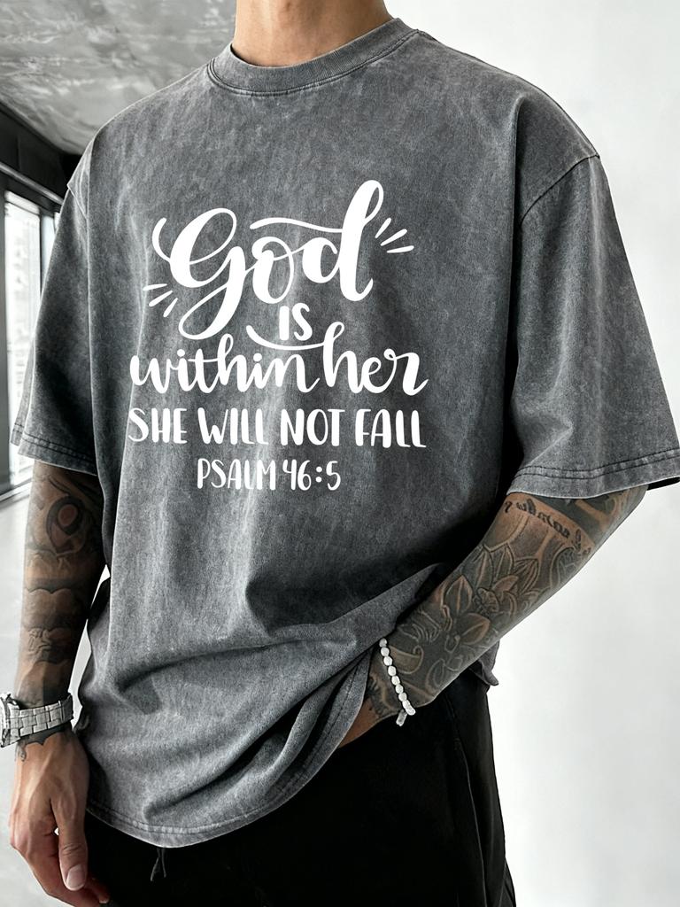 God Is Within Her She Well Not Fall Print Washed TShirt Men Loose Cotton T Shirts Soft ONeck Clothes Beach Vacation Streetwear