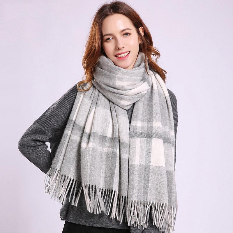 

Women Plaid Wool Scarf Winter Warm Large Fine Wool Shawls Blanket Scarf Luxury Design Fringes Plaid Sheep Wool Cashmere Scarves 180x70cm