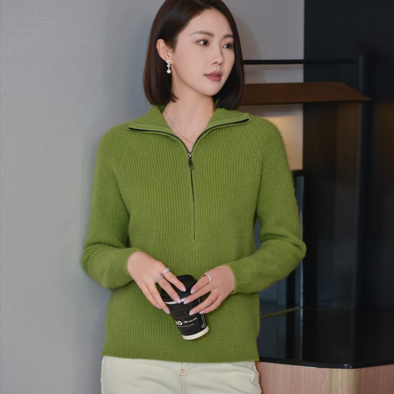 Women's Versatile Half-Zip Stand Collar Wool Sweater - Solid Color, Long Sleeve Knitwear for Autumn and Winter