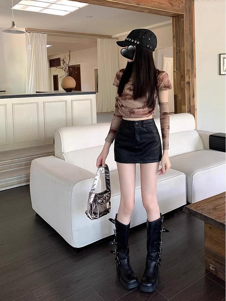 Summer 2025 Petite High Waist A-Line Brown PU Leather Skirt for Women