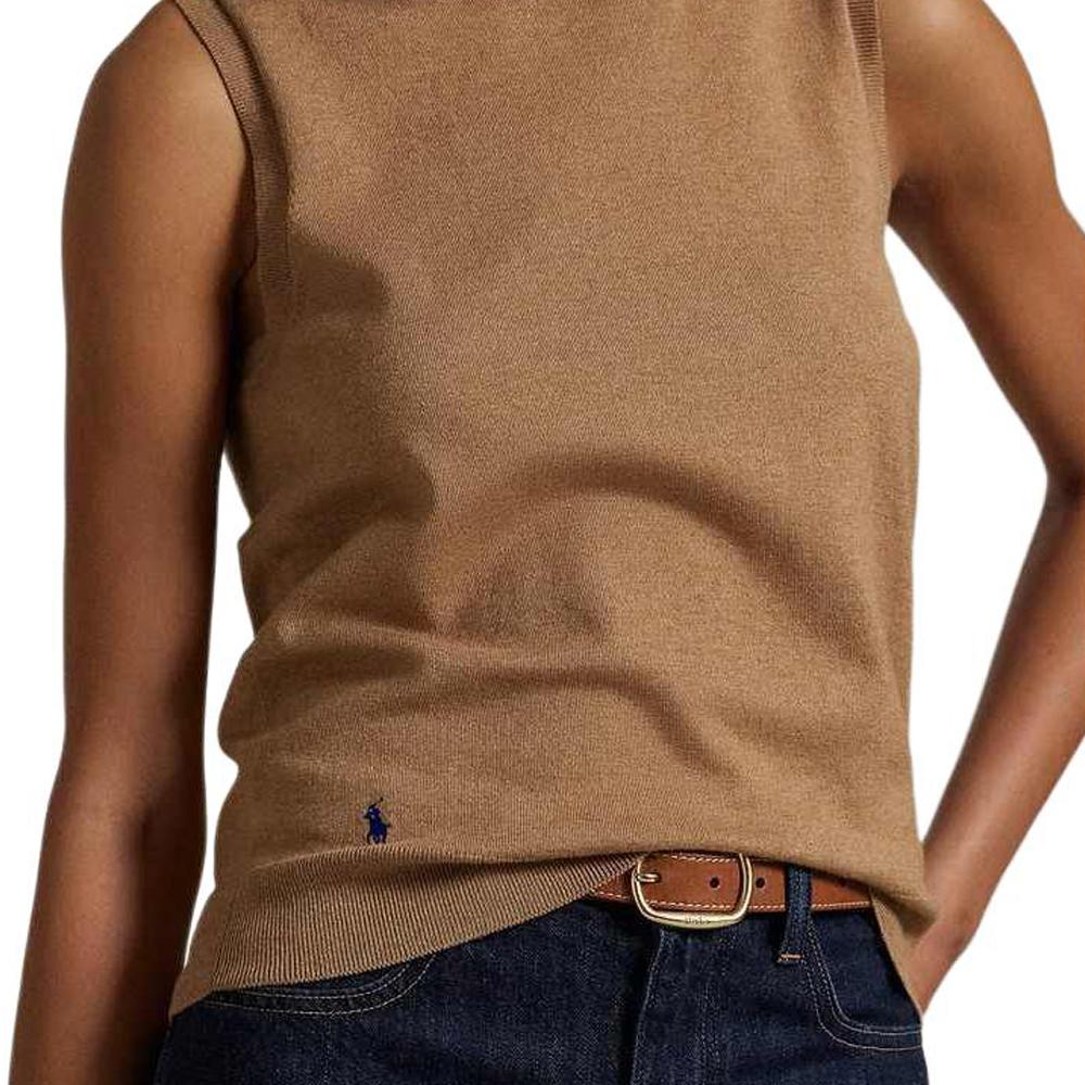 Polo Ralph Lauren SS25 Jednokolorowa Bezrękawnik Dzianinowy Damskie topy Camel WMPOSWENC021154-260