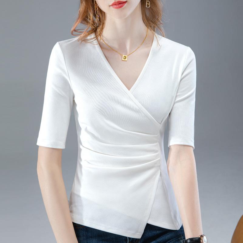 

Женская новая женская одежда стиль V-образный вырез короткий рукав хлопковая футболка нерегулярные складки на талии топ 3XL белый