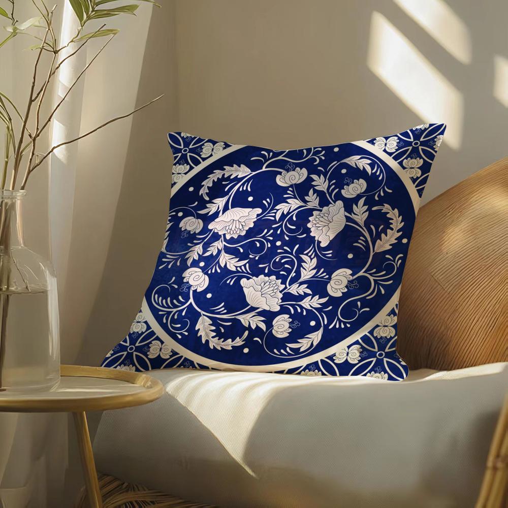 Ethnic Style Blue Floral Pillow Case Silky Elegant Comfort Sofa Bed Invisible Zipper