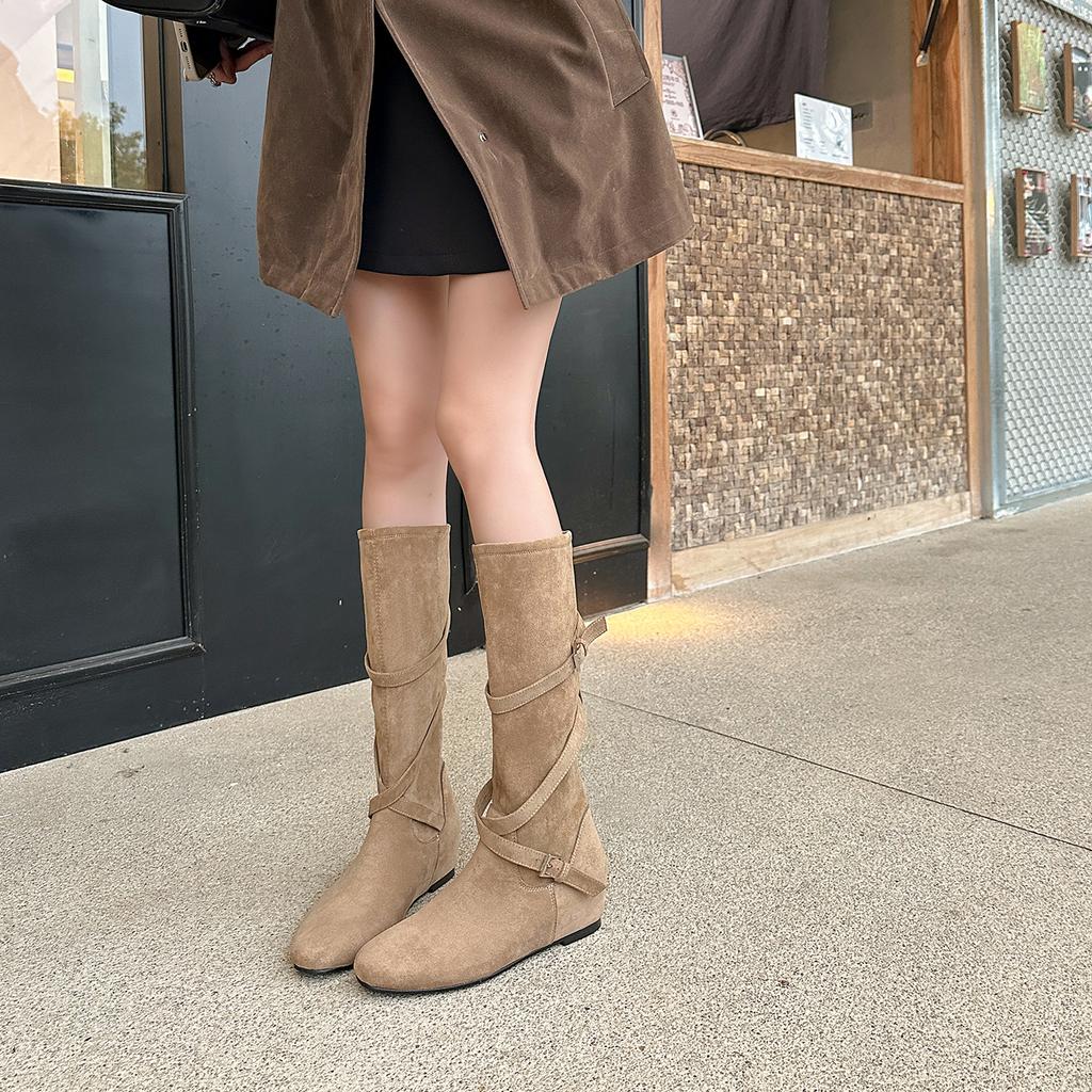 Retro temperament thick heel khaki over-the-knee boots women's boots small slim inner heightening stacking boots knight boots