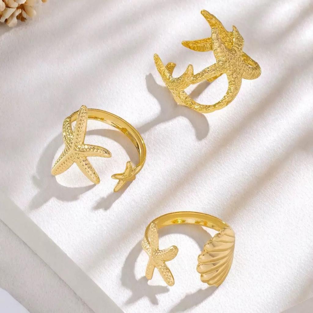 Fashion Personality Ocean Wind Vacation Wind Shell Starfish Ring Open Ring Set Female