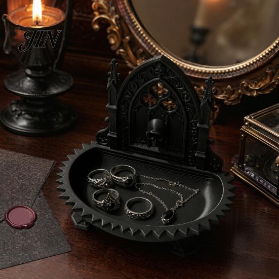 Dark Niche Desk Decor Church Carving Design Storage Box, Matte Black Desktop Organizer for Rings Incense Tray Bracelets Goth Decor, Gothic Style