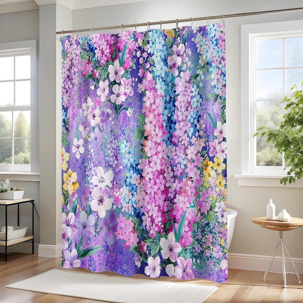 Purple Floral Shower Curtain,Colorful Flower Fabric Shower Curtain for Bathroom, Pretty Funky Watercolor Cloth Shower Curtain