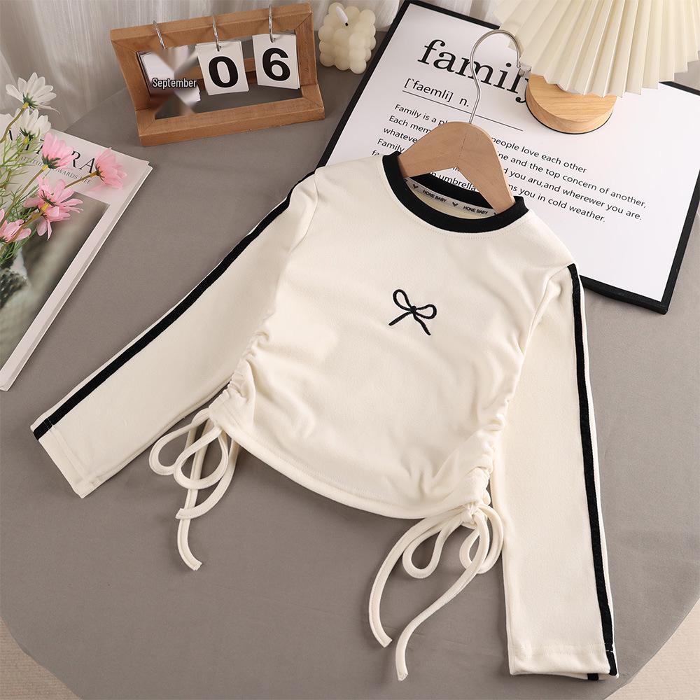 

Девичья футболка с длинным рукавом и вышивкой в виде банта для весны и осени 90cm