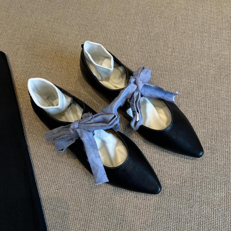 Sheepskin Version~ French Temperament Mary Jane Shoes Retro Literary Pointed Head Lace-up Bow Flat Bottom Shallow Mouth Single Shoes Women