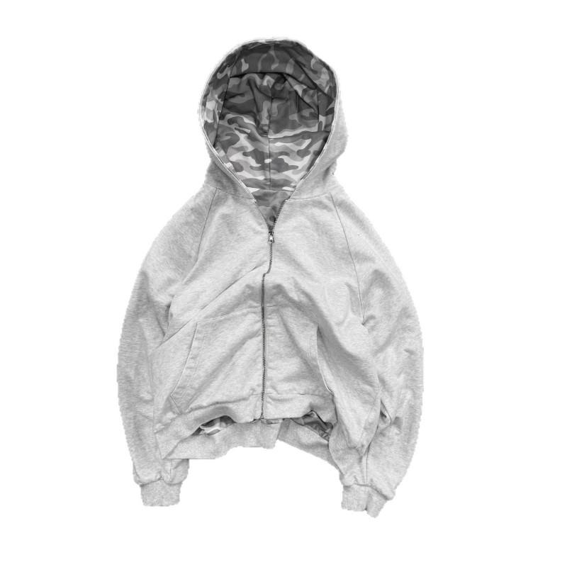 Camouflage Patchwork Hooded Zip-Up Sweatshirt Unisex Streetwear Oversized Casual Pullover