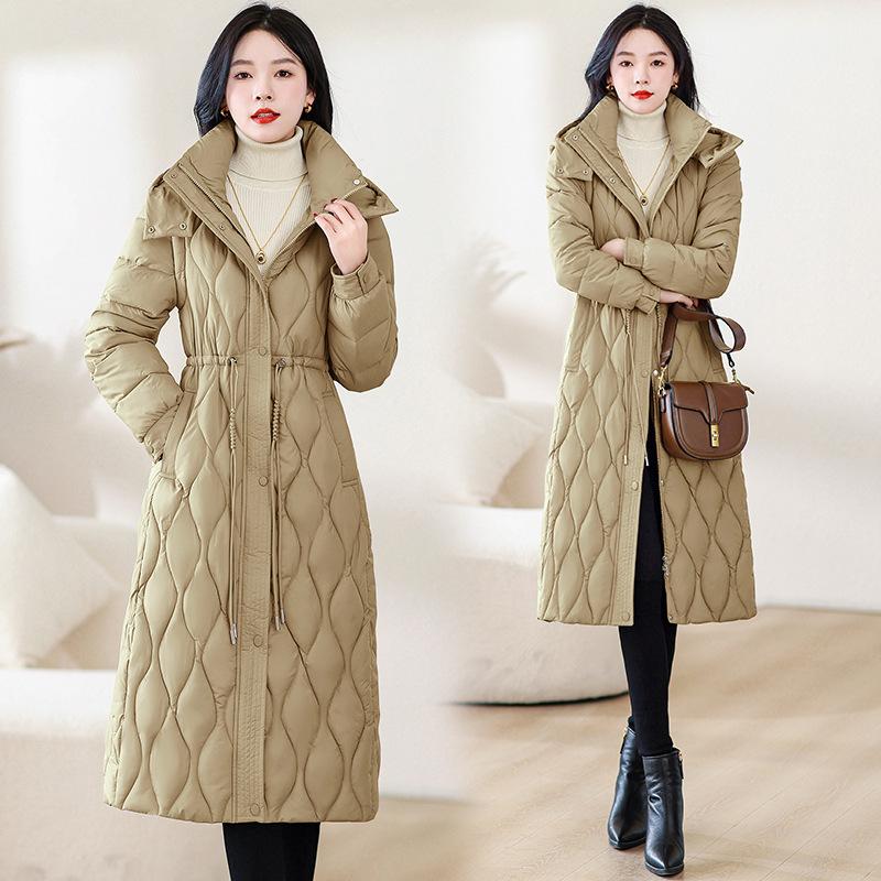 Women Hooded Quilted Long Puffer Coat Drawstring Waist Winter Jacket