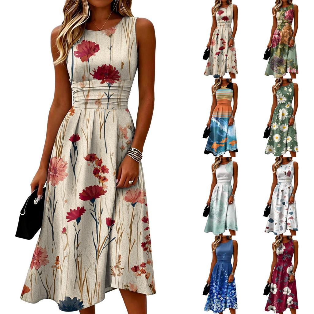 Sleeveless Casual Midi Dress for Women Round Neck Floral Print A-Line Fit and Flare Design Lightweight Summer Dress