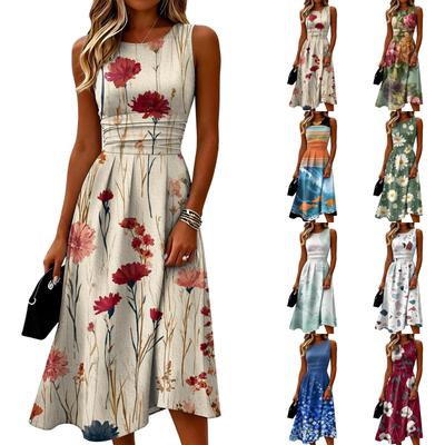 Sleeveless Casual Midi Dress for Women Round Neck Floral Print A-Line Fit and Flare Design Lightweight Summer Dress