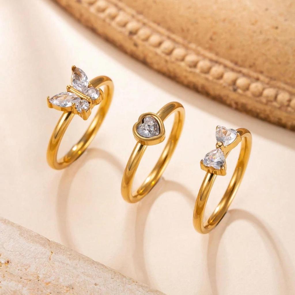 European Golden Ring Set: Shiny Rhinestone Butterfly, Heart & Bow Design in Stainless Steel