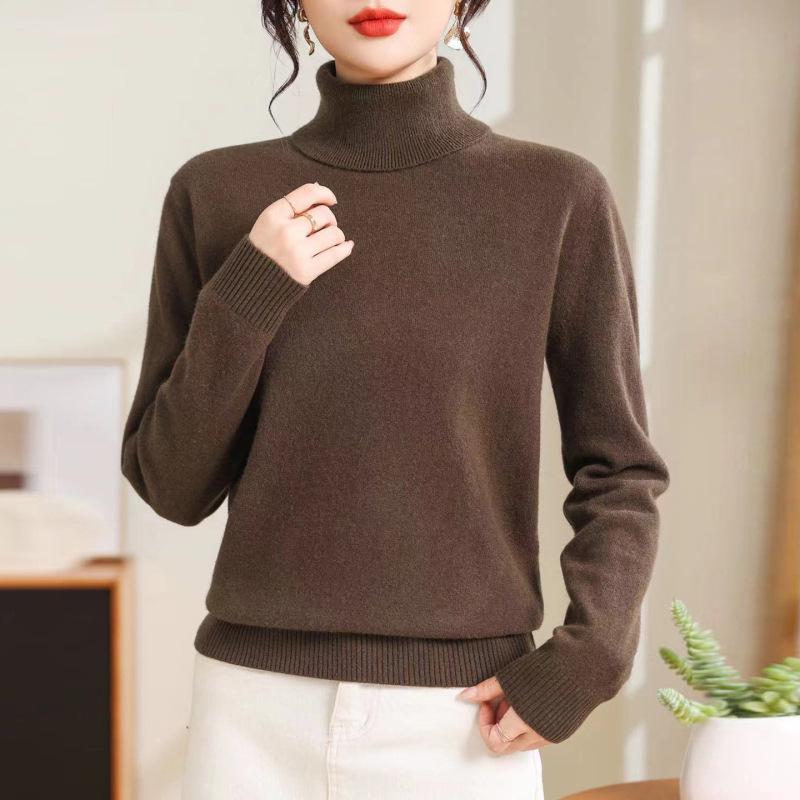 Women's Pure Wool High Neck Sweater - Loose, Slimming, Solid Color, Autumn/Winter Base Layer